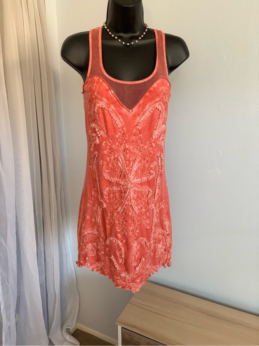 Coral Embellished Sleeveless Mesh Inset Dress
